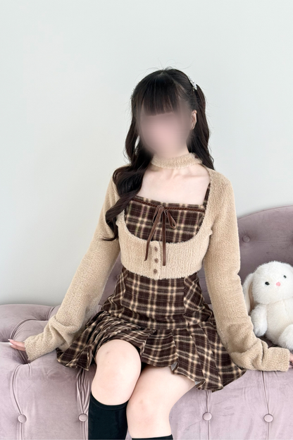Checked Flared Dress + Short Cardigan
