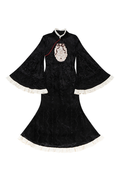 Retro Fish Tail Chinese-style Dress + Vest + Fur Scarf