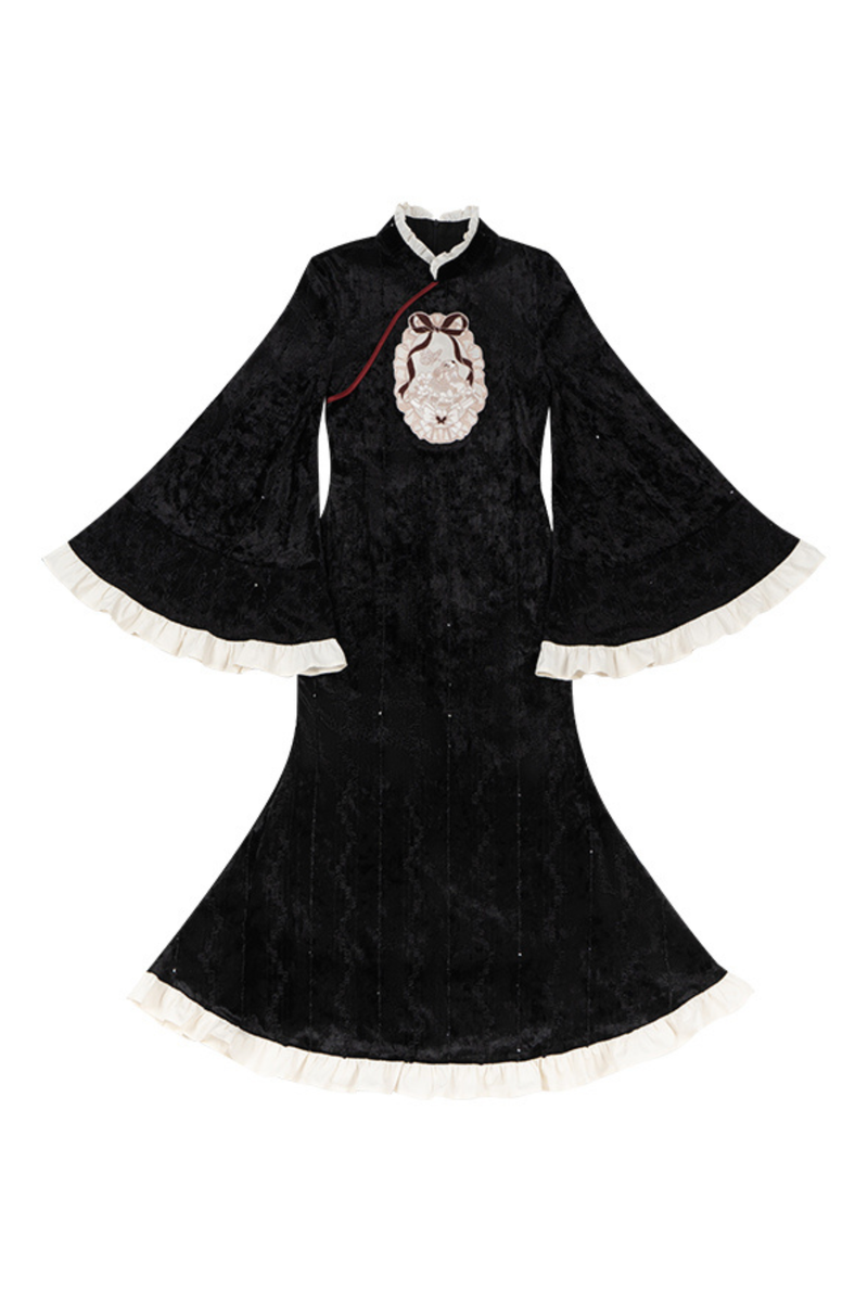Retro Fish Tail Chinese-style Dress + Vest + Fur Scarf