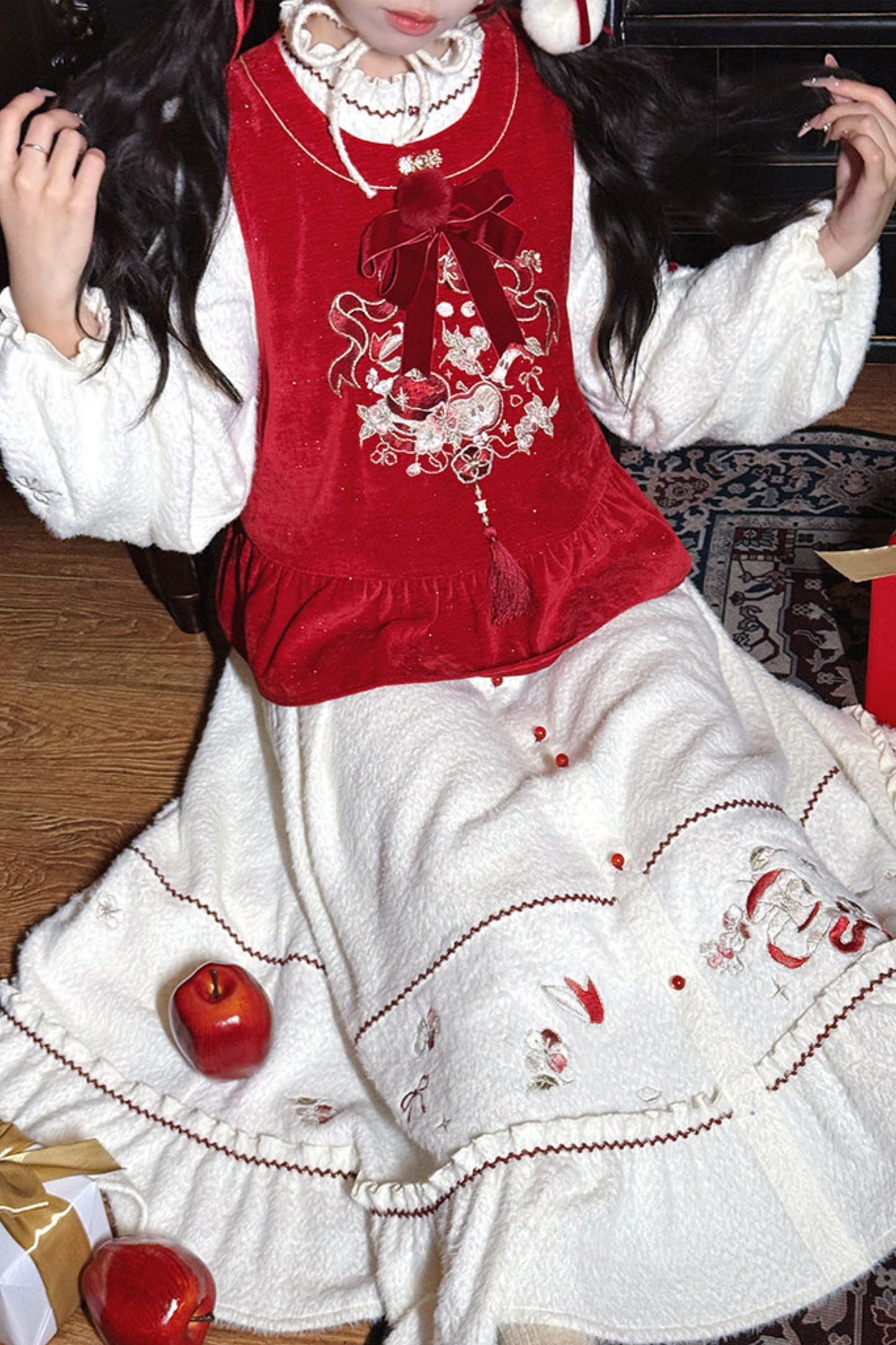 Chinese-style Dark Red Vest + Dress + Ear Cuffs