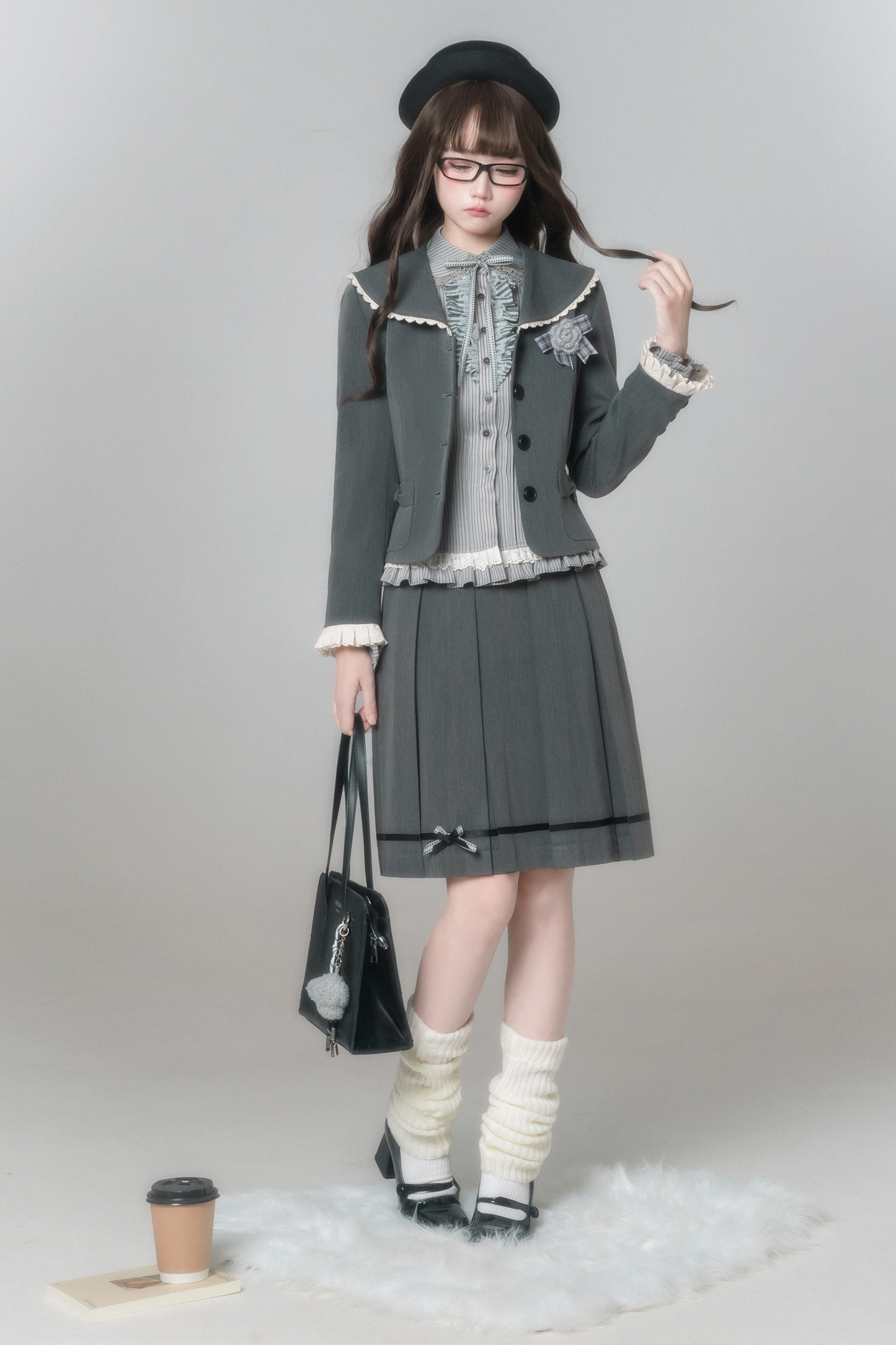 Retro College Jacket + Shirt + Skirt + Brooch