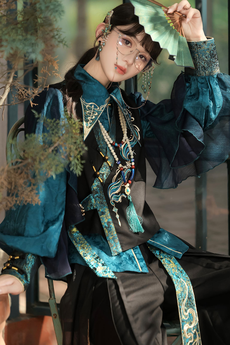 Ruan Chinese-style Top + Vest + Wide Leg Pants + Necklace