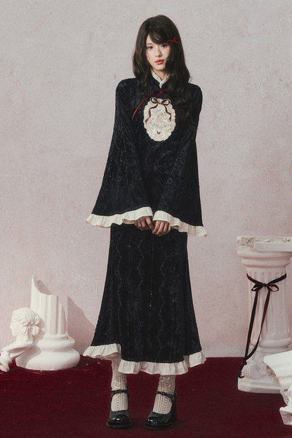 Retro Black Velvet Mermaid Tail Cheongsam Dress + Cape