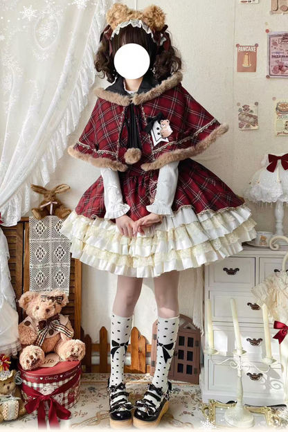 [pre-order] Plaid Lolita Jsk + Hooded Cloak + Knit + Bear Headband