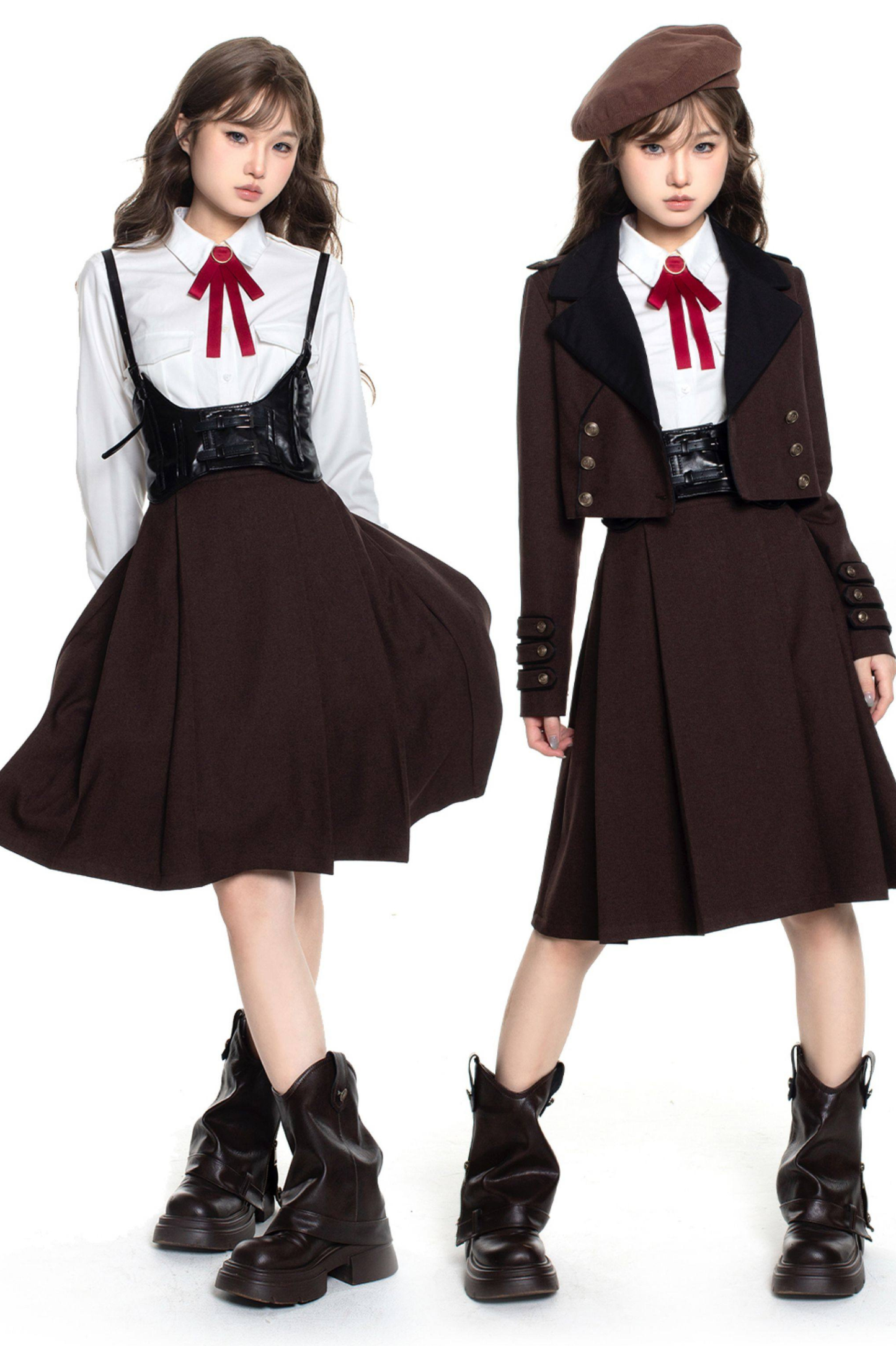 Russian Retro College Jacket + Shirt + Girdle + Bow Tie + Skirt