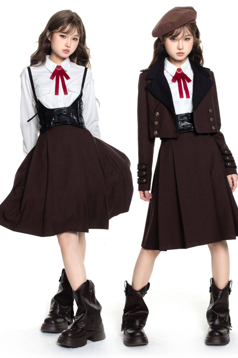 Russian Retro College Jacket + Shirt + Girdle + Bow Tie + Skirt