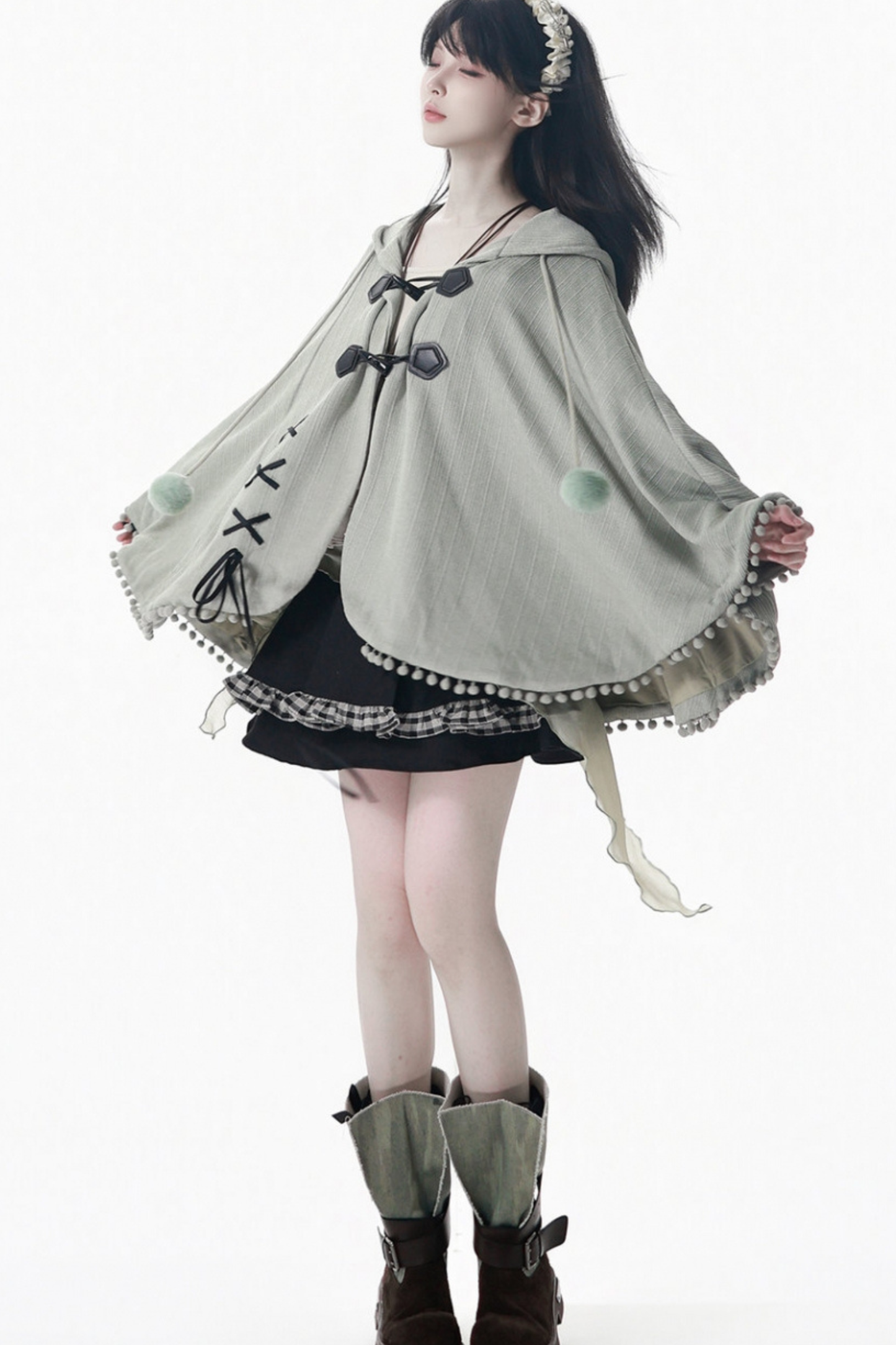 Plaid Ribbon Camisole Two Piece Jacket + Cape Coat + Skirt