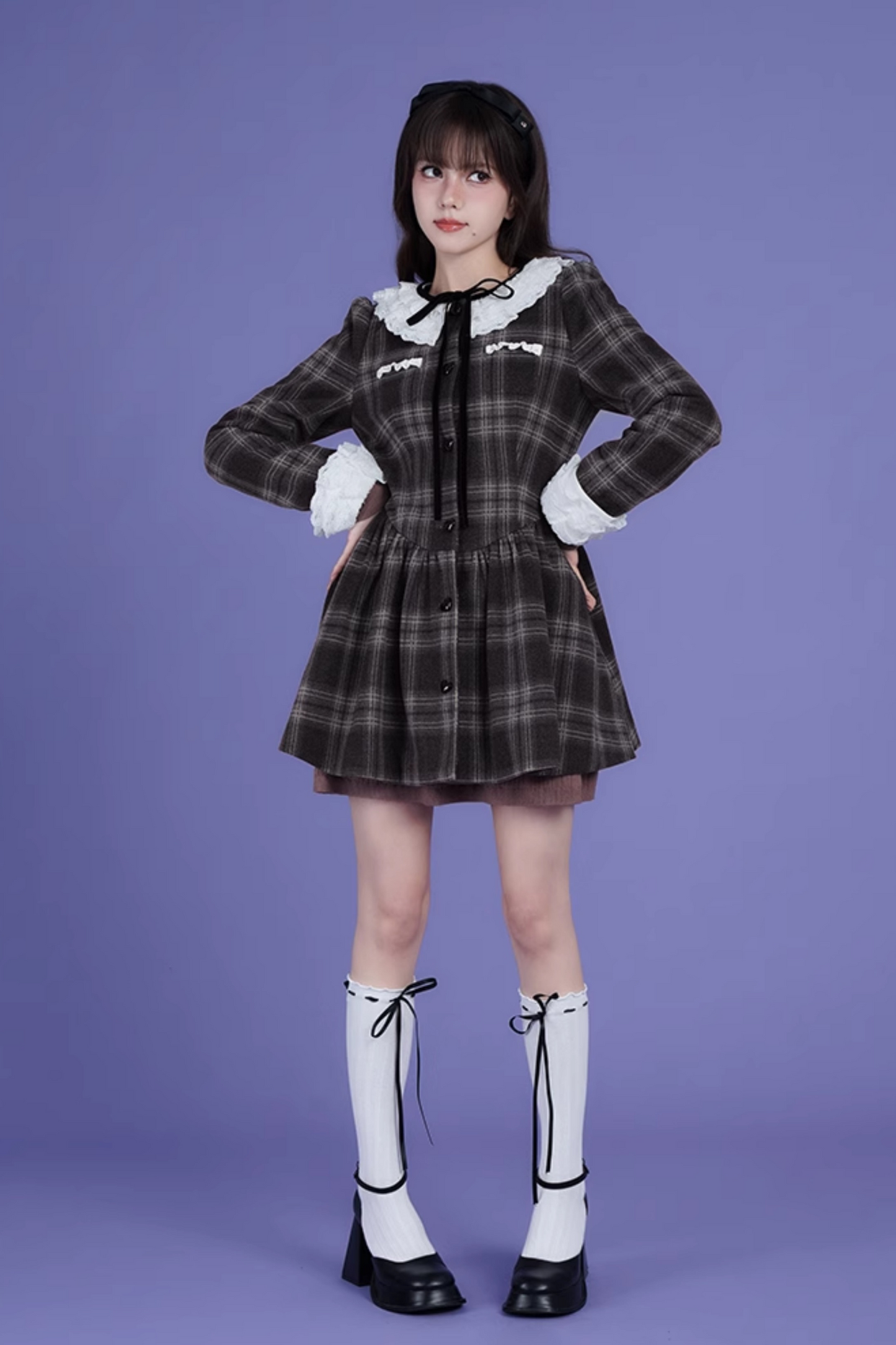 Lace Collar Wool Plaid Dress Coat