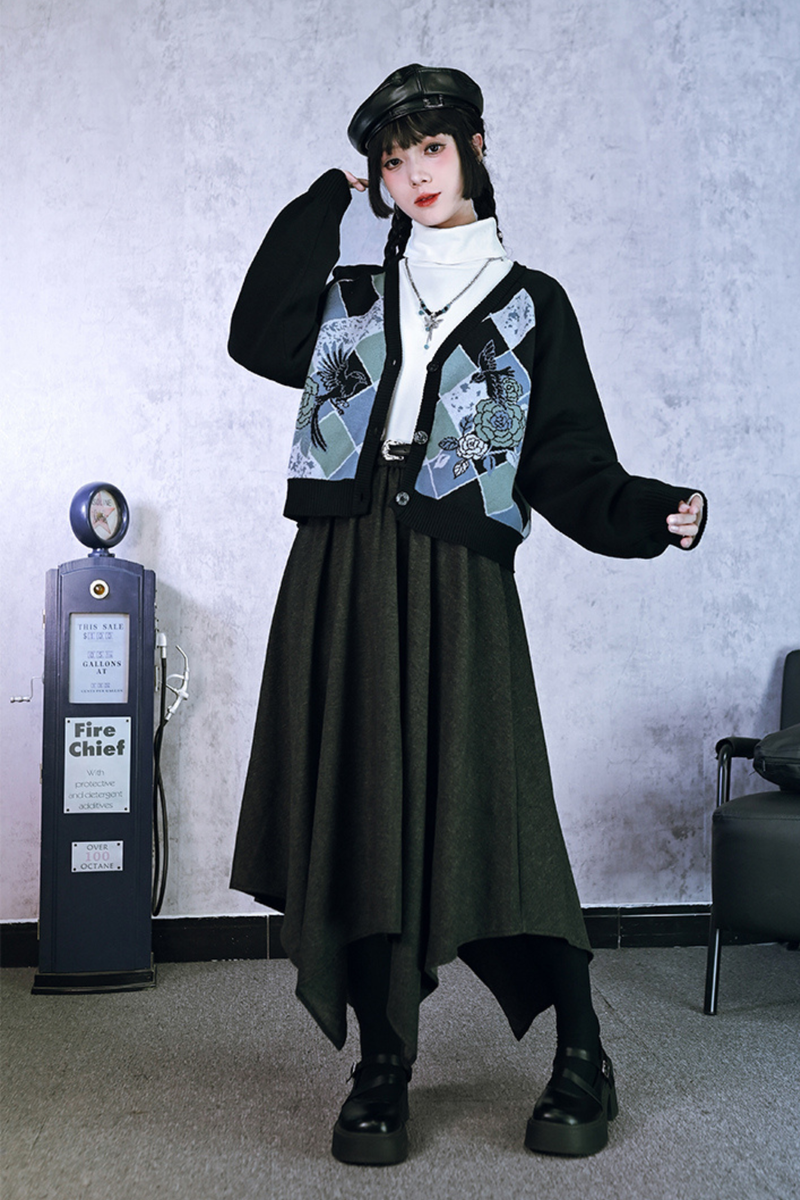 Argyle Cardigan + Asymmetric Skirt