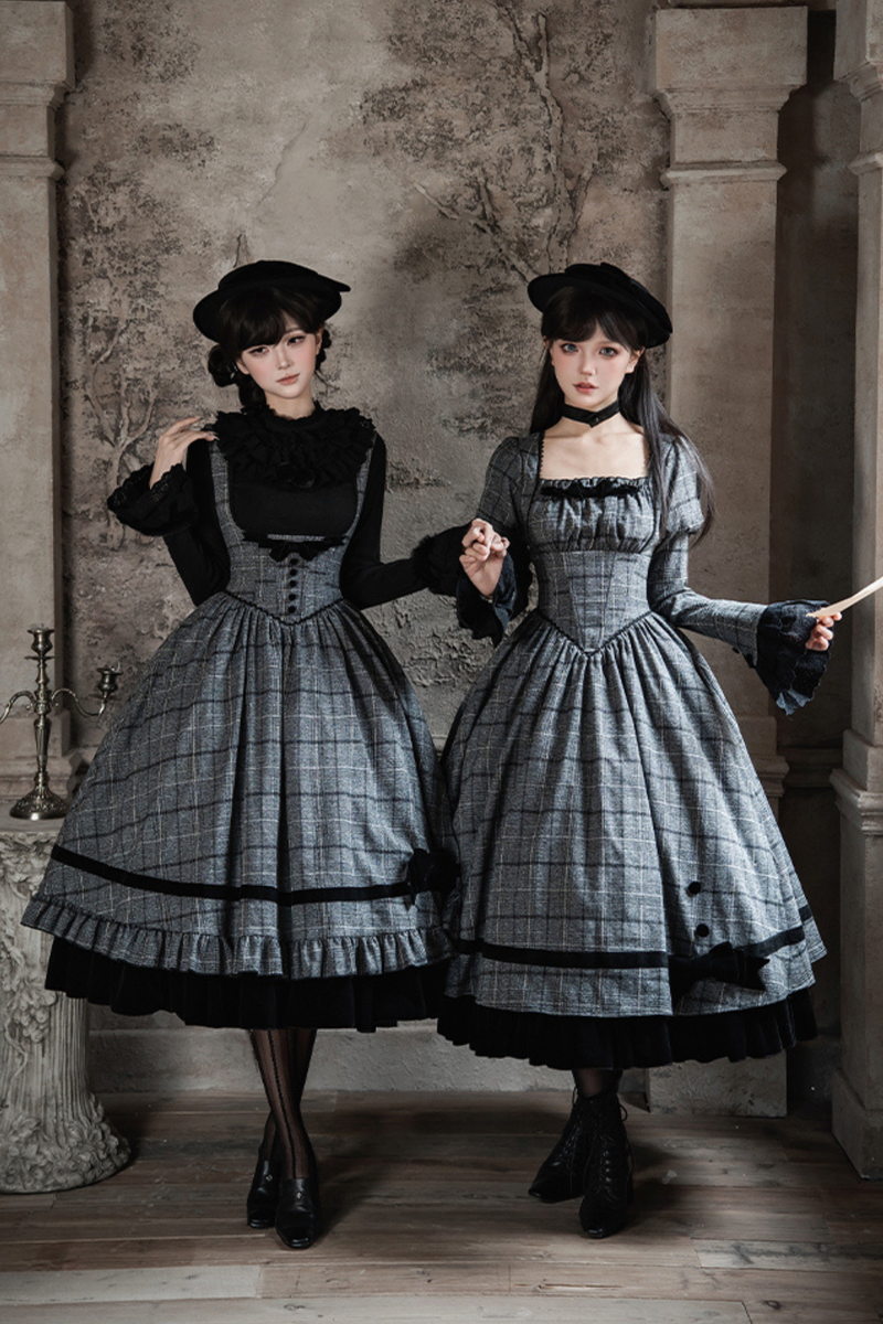 Plaid Fishbone Chest Jsk + Dress + Innerwear + Ribbon + Hat