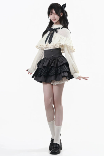 Off Shoulder Hoodie Top + Ruffled Top + Tiered Skirt + Camisole