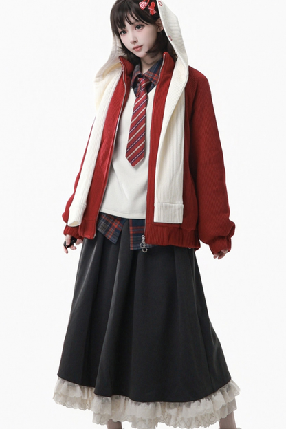 Apple Black Tea Fleece Coat + Hoodie + Long Skirt + Short Skirt + Hood Scarf