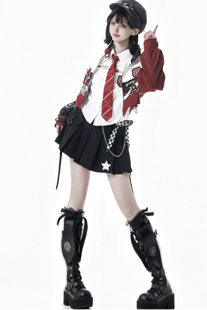 Biker Jacket + Shirt With Tie + Skirt + Belt