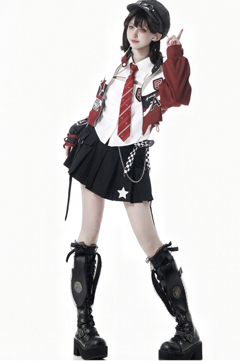 Biker Jacket + Shirt With Tie + Skirt + Belt