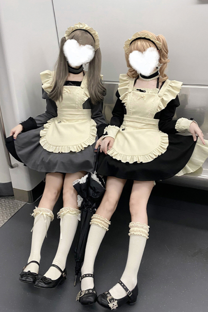 Twin Ruffle Maid Lolita Dress + Apron + Choker + Headband + Bow + Leg Warmers