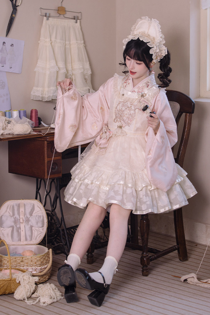 Chinese-style Pastel Top + Apron + Bow + Necklace + Brooch + Hair Accessories
