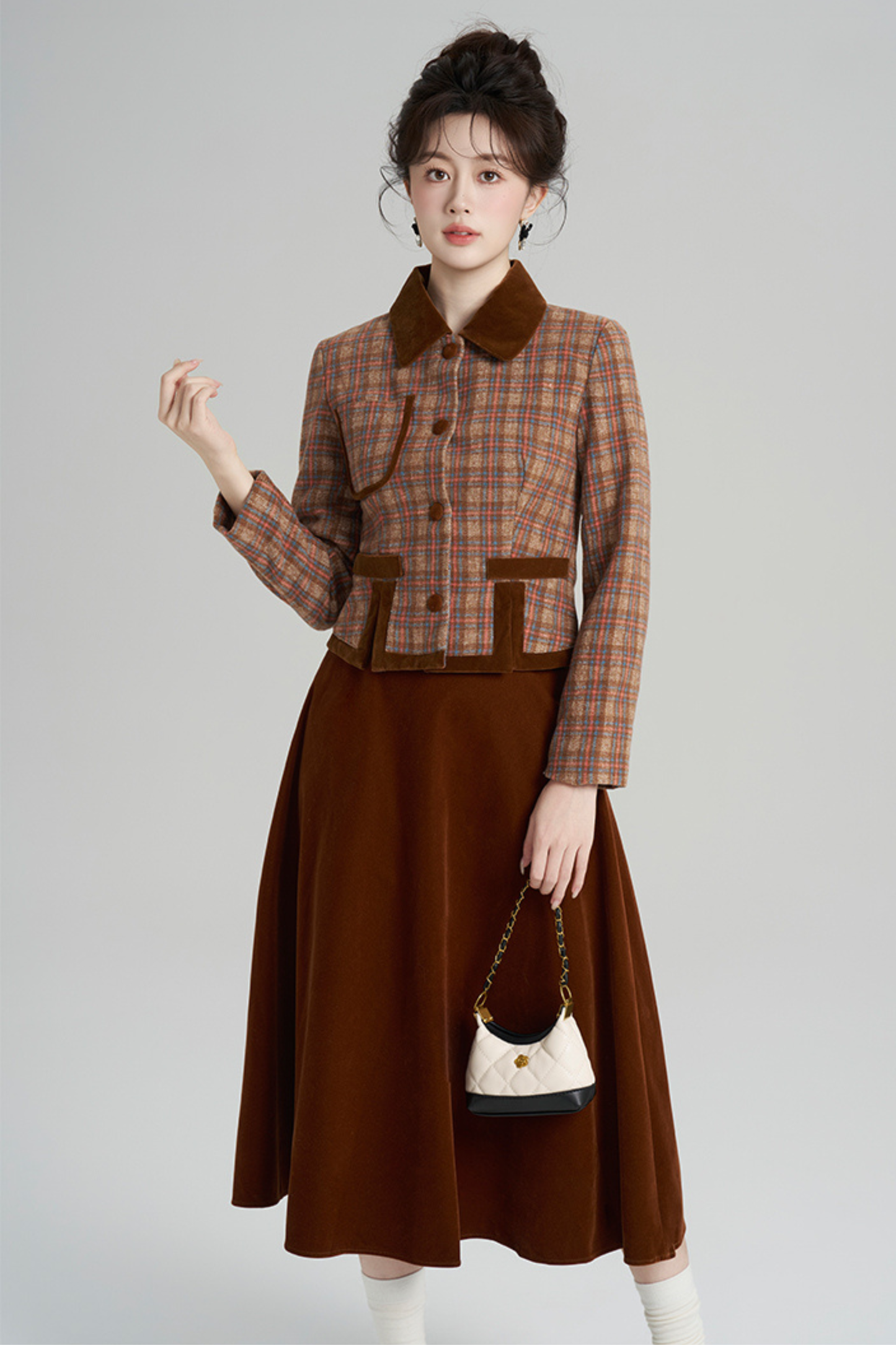Plaid Jacket + Retro Plaid Velvet Skirt