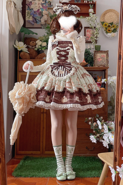 Bear Tea Party Lolita Dress + Jumper Skirt + Shirt + Headband + Brooch + Apron