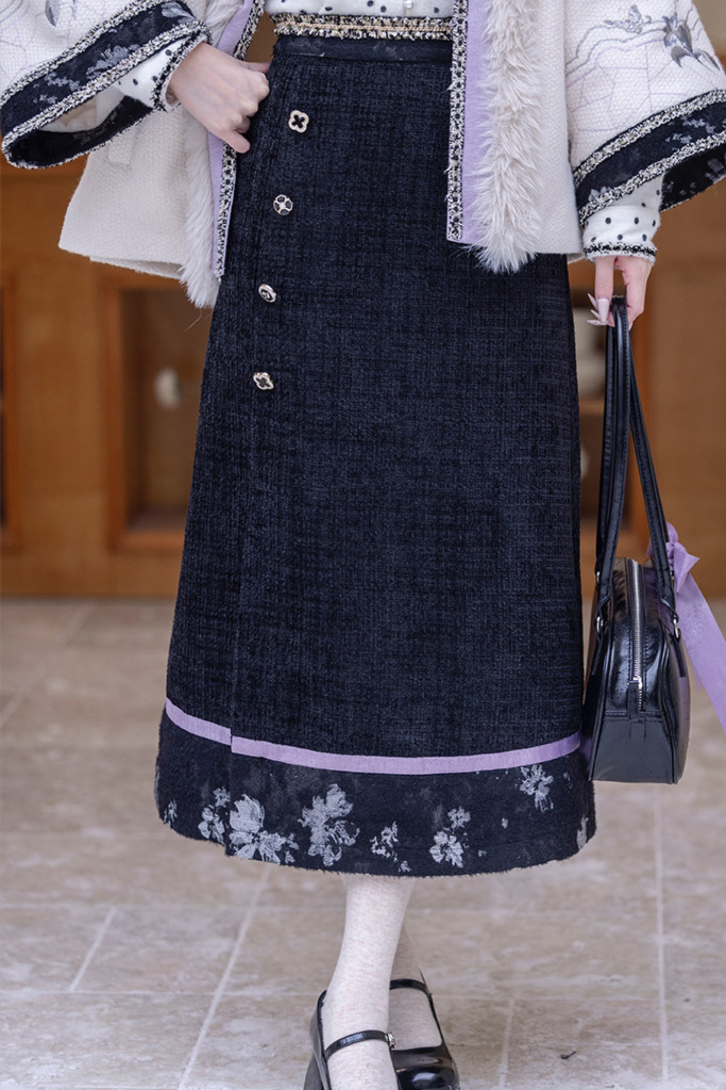 Butterfly Ink Dot Jacket + Top + Long Skirt + Brooch