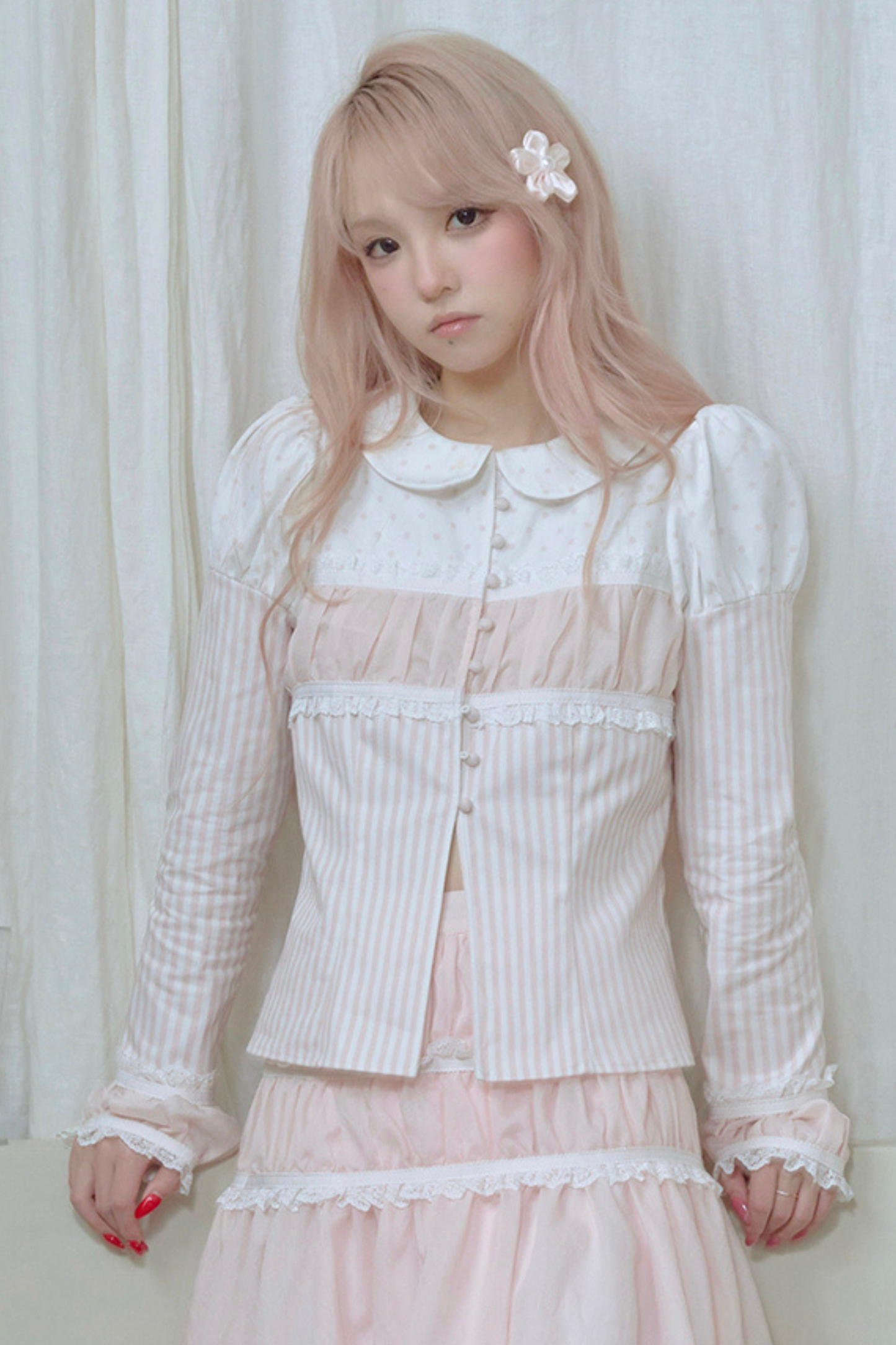Striped Doll Collar Puff Sleeve Shirt