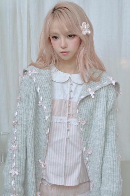 Lace-up Line Ribbon Knit Cardigan