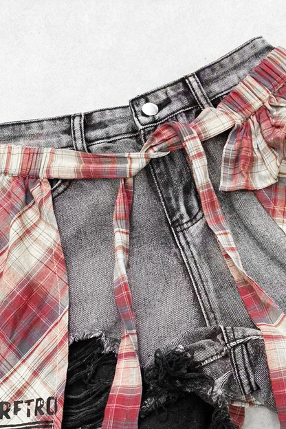 Retro Black Denim Pants + Plaid Curtain