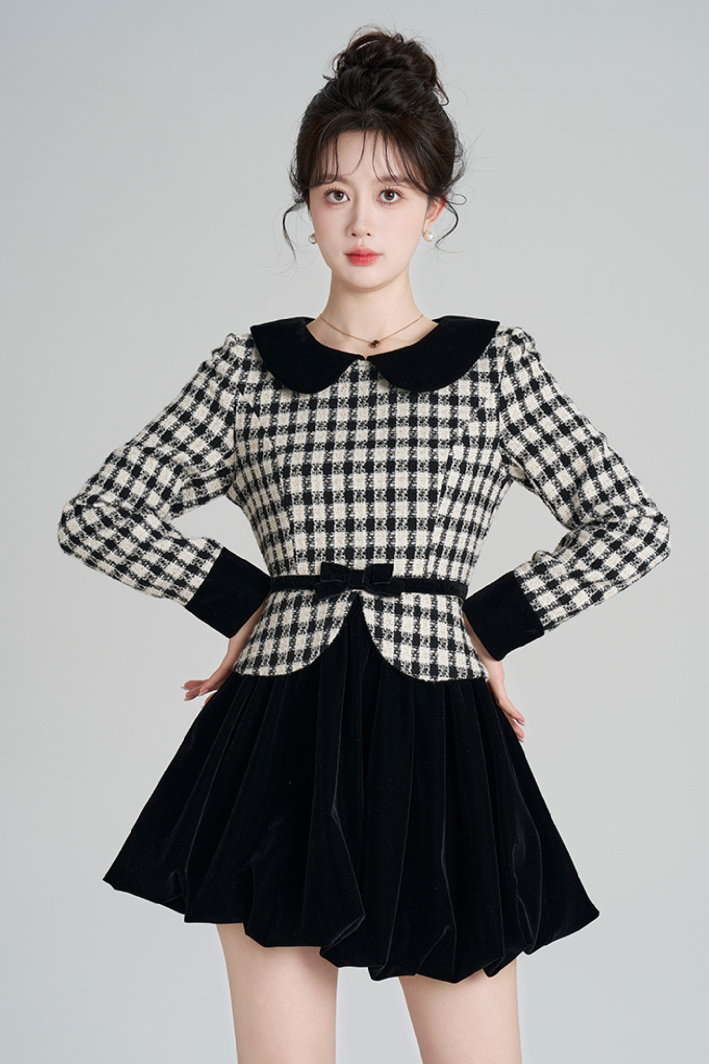 Velvet Monochrome Plaid Dress