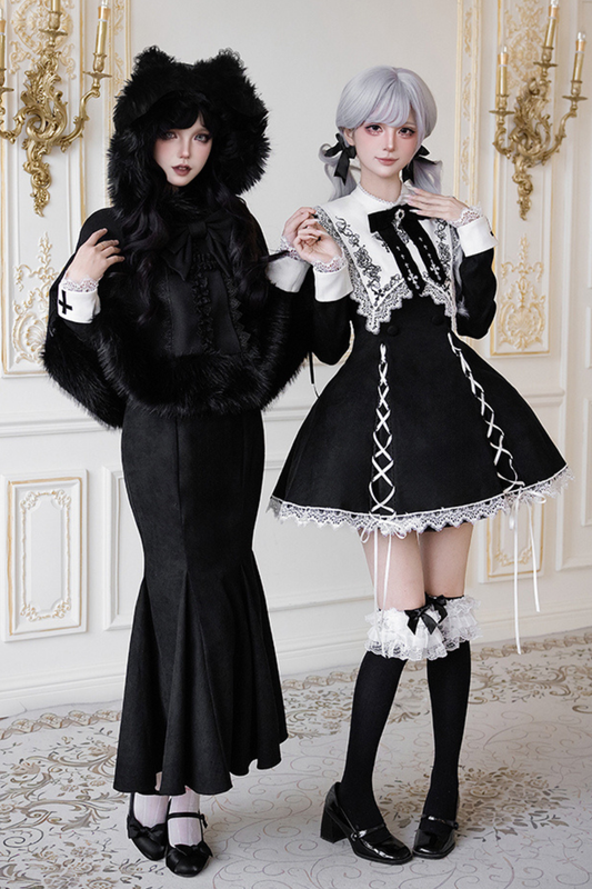 Mermaid Dress + Lace-up Short Dress + Cloak + Collar + Ribbon Brooch