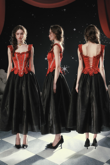 Lace Maid Retro Red Corset Top + Flare Skirt
