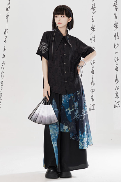 Dark Chinese-style Shirt + Wide Leg Pants + Chain + Belt
