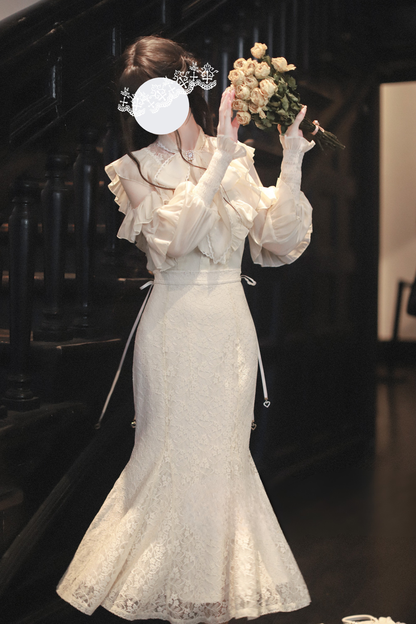 Sheer Chiffon Big Ribbon Shirt + Mermaid Skirt