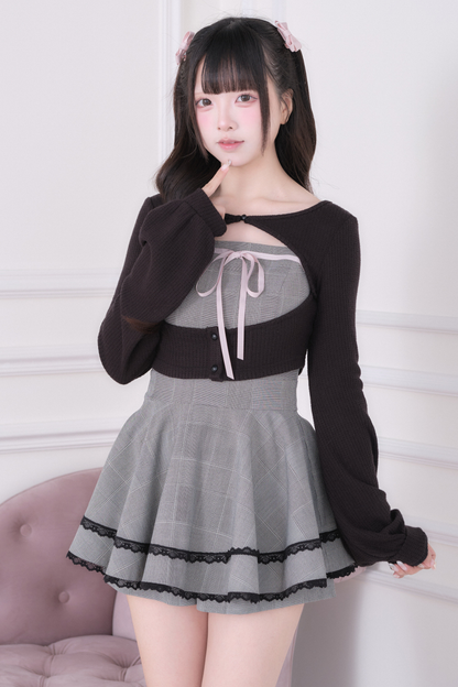 Lace Cardigan + Checkered Dress + Inner Pants