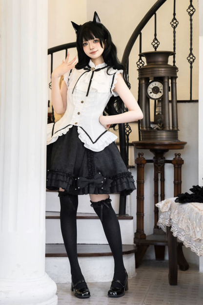Flying Sleeve Sweet Dark Top + Flare Skirt