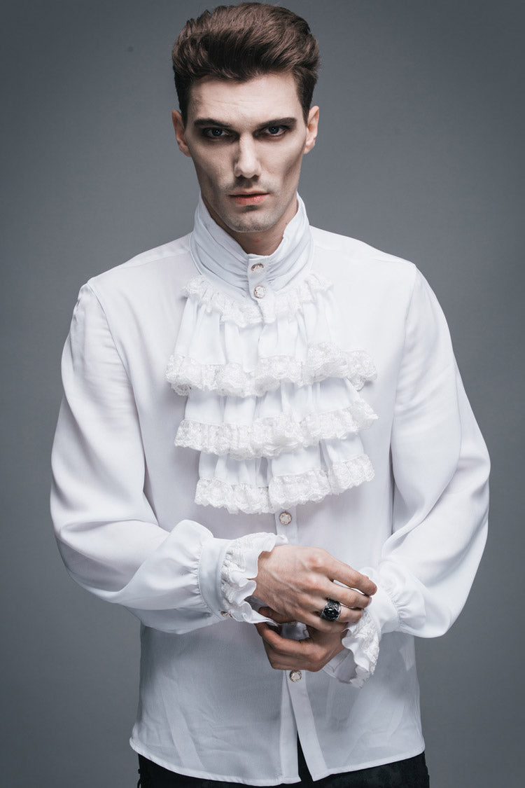 White Ruffled Lace Button-up Micro-bullet Chiffon Long Sleeve Gothic Shirt