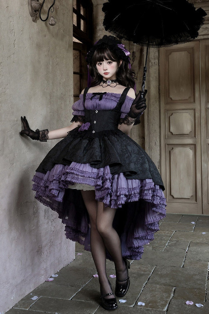 [pre-order Deadline: April 28] Purple X Black Gothic Lolita Corset Layered Jsk Dress + Off-shoulder Lace Puff Top