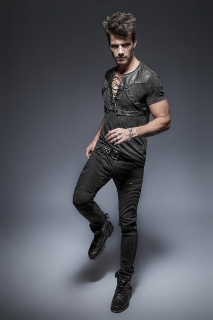 Black Lace-up Zipper Punk Blouse With Straps