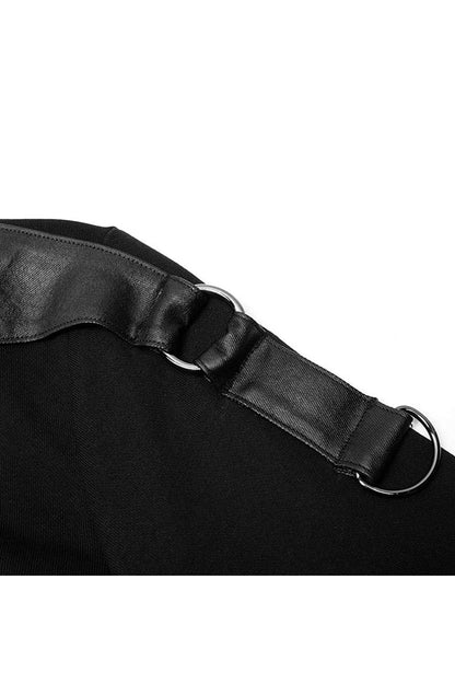 Black Long Sleeve Knit Front Splice Imitation Leather Lace Up Punk T-shirt