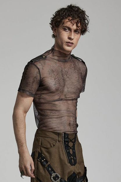 Stand Collar Short Sleeves Print Slim Steampunk T-shirt 2 Colors