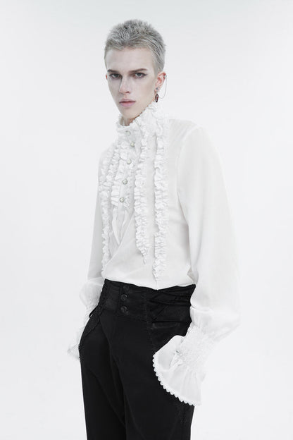 White Irregular Stand Collar Puff Sleeved Ruffled Gothic Shirt