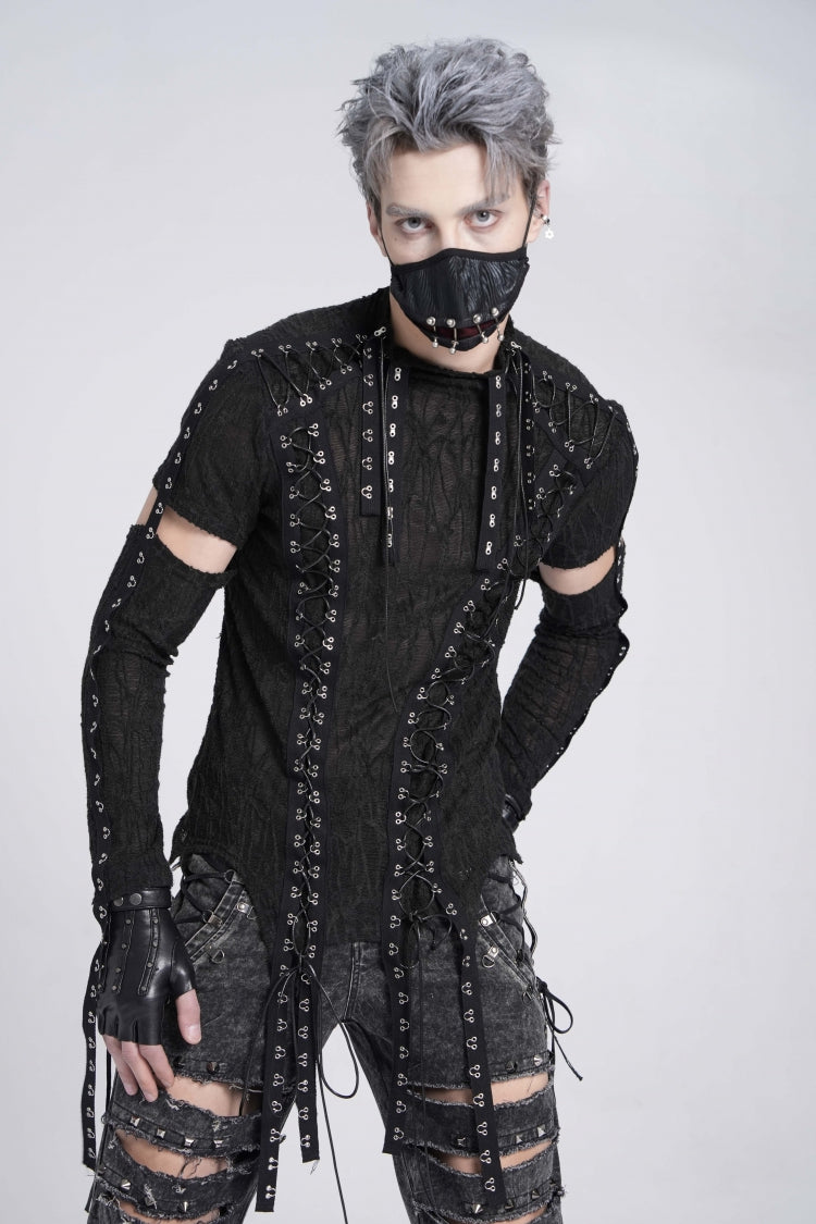 Black Long Sleeves Strap Lace-up Irregular Mesh Gothic T-shirt