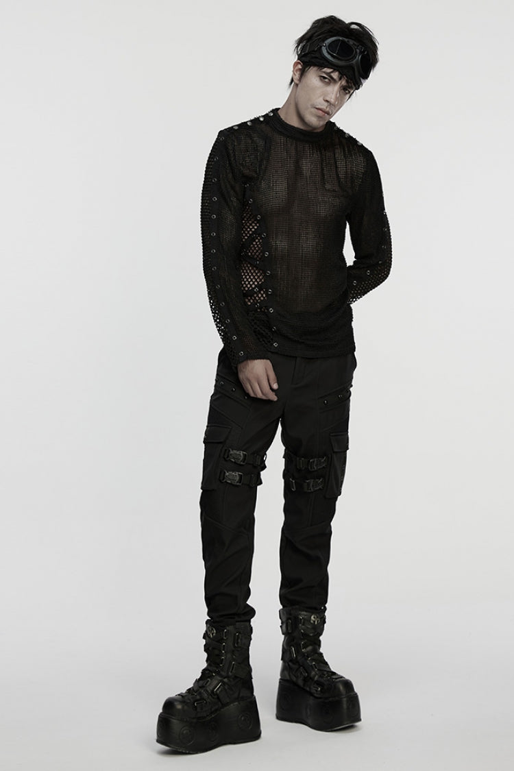 Black Long Sleeves Mesh Eyelet Punk T-shirt