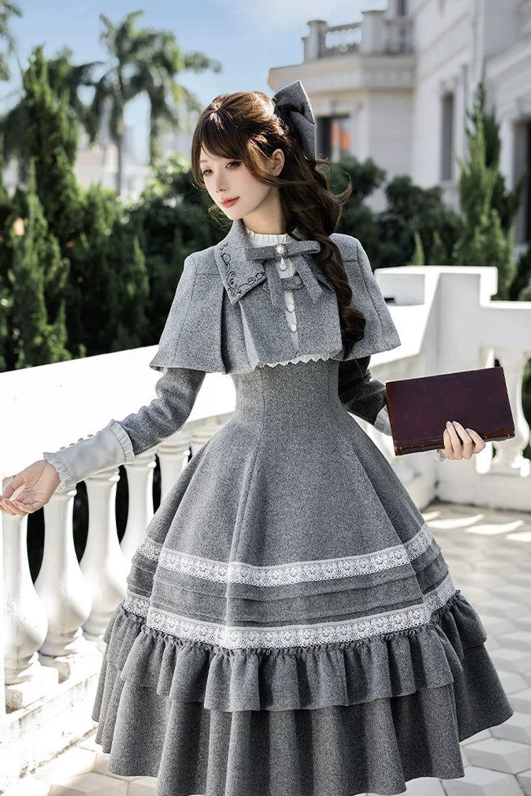 Grey [letters and Poems · Old Memories] Stand Collar Long Sleeves Double-layered Ruffled Bow Classic Lolita Dress 2 Versions