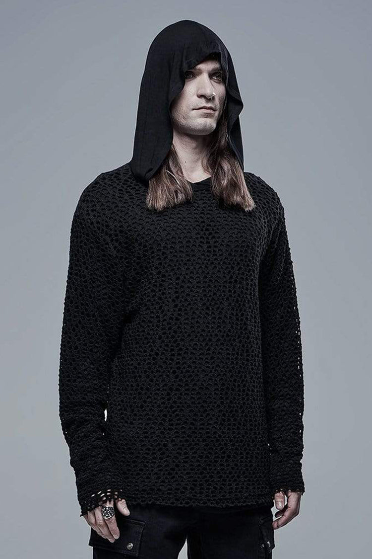 Black Knit Outer Mesh Long Sleeve Inner Hooded Simple Two Piece Punk T-shirt