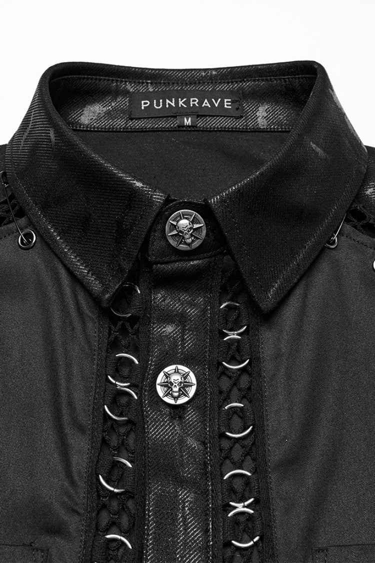 Black Lapel Collar Long Sleeves Stitching Mesh Punk Blouse