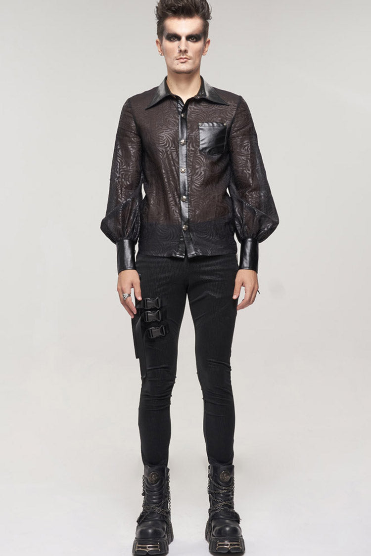 Black Punk Vertical Pattern Printing Cuff Drawstring Decoration See-through Shirt