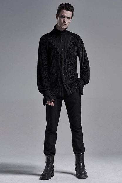 Black High Collar Lantern Sleeve Front Metal Retro Button Flounce Cuff Velveteen Knit Gothic Shirt