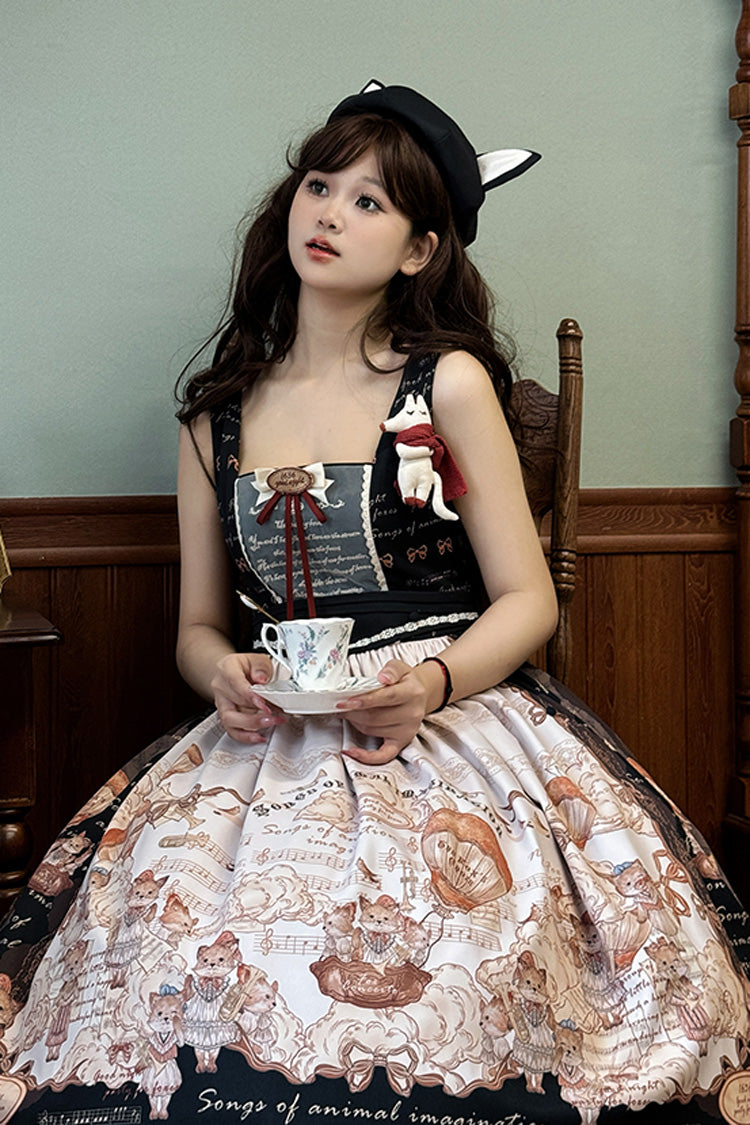 Black [fox Band] Print Square Collar Bowknot Classic Lolita Jumper Dress
