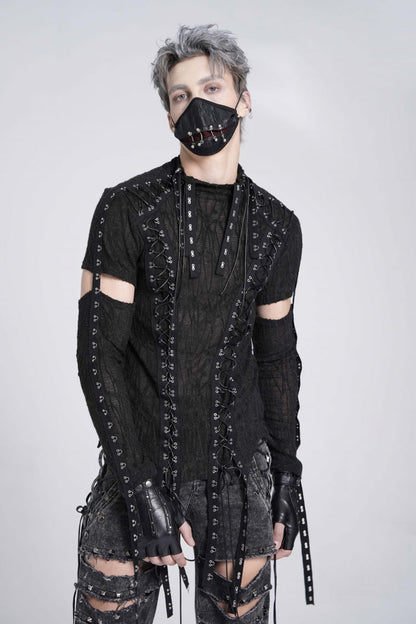 Black Long Sleeves Strap Lace-up Irregular Mesh Gothic T-shirt