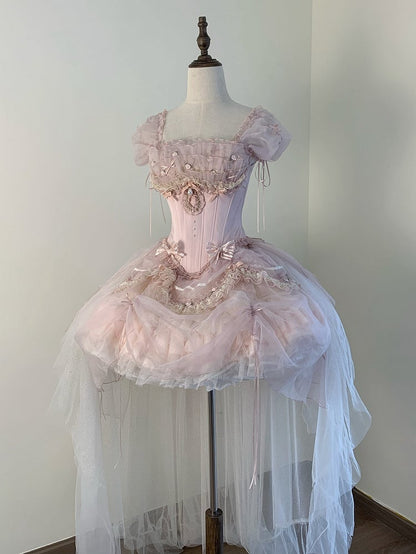 [pre-order Deadline: May 13] Pink Ballet Lolita Lace Ribbon Bustier Corset Top + Pull-up Tulle Tiered Skirt Set + Back Ribbon Train