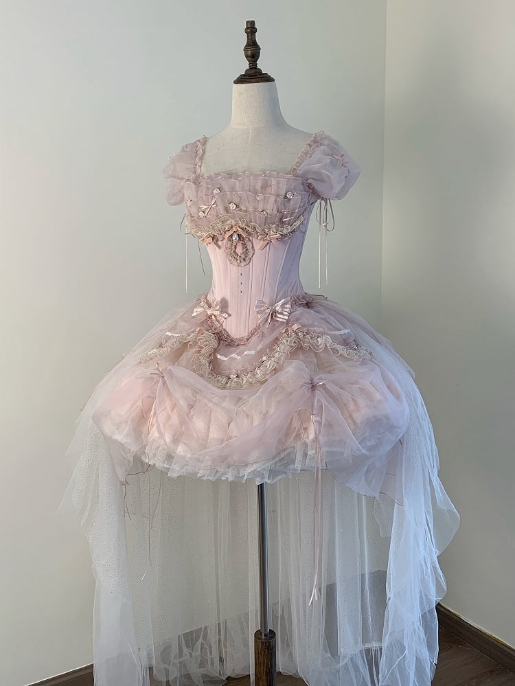 [pre-order Deadline: May 13] Pink Ballet Lolita Lace Ribbon Bustier Corset Top + Pull-up Tulle Tiered Skirt Set + Back Ribbon Train